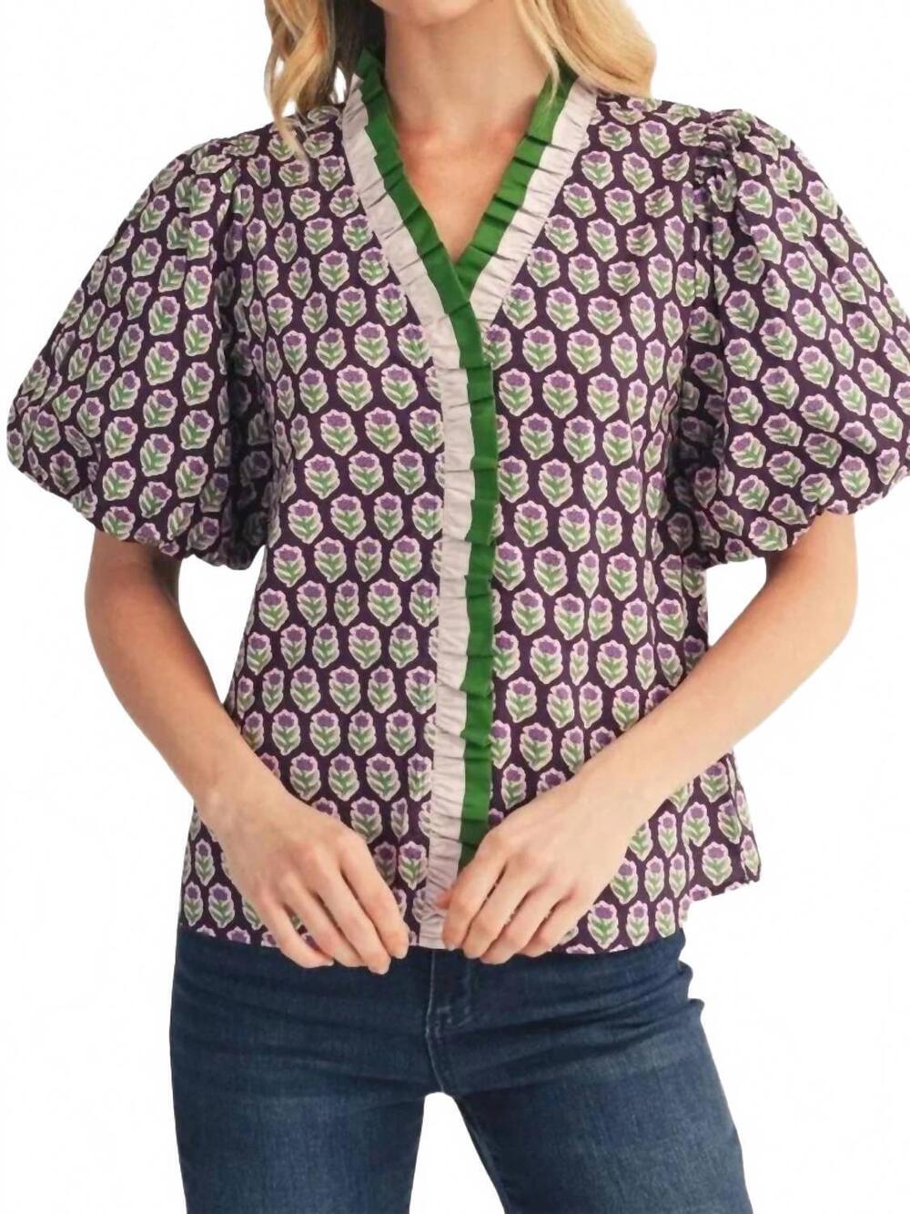 NEW JODIFL short puff sleeves floral top with color contrast ruffle detail in eg